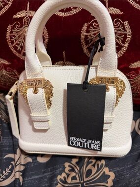 Versace Jeans Couture White Leather Mini Top-Handle Bag with Gold Accents
